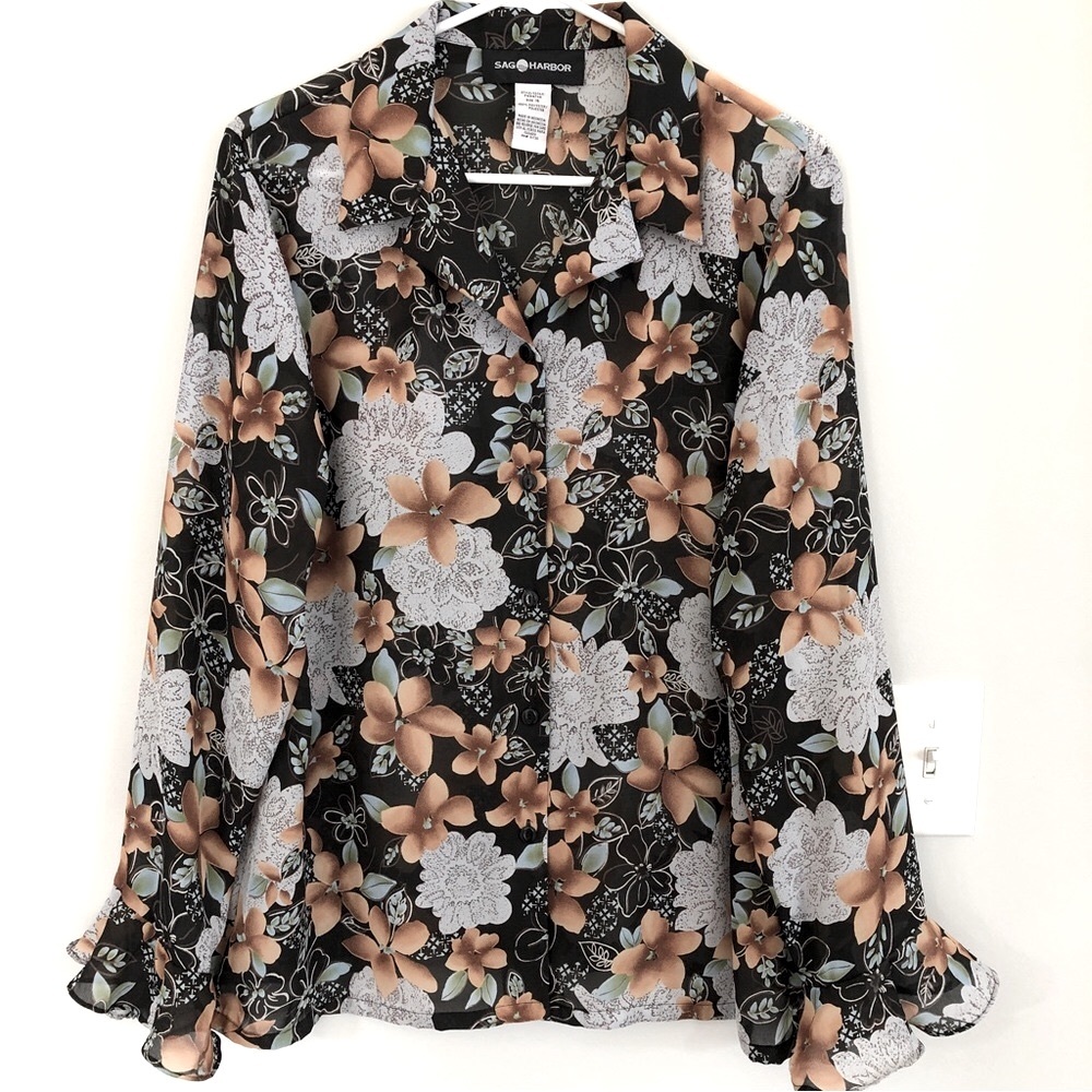 Sag Harbor Floral Button Down Blouse with Ruffle Sleeve, Size 16